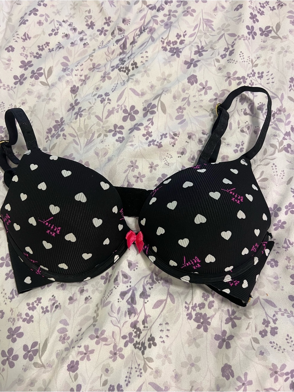 Women's Black Heart-Print Padded Bra with Pink Accents